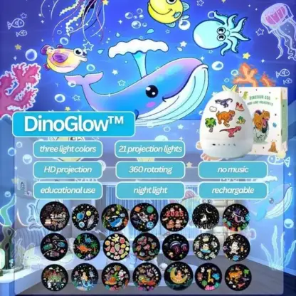 DinoGlow™ proiettore LED a forma di uovo di dinosauro con 21 temi
