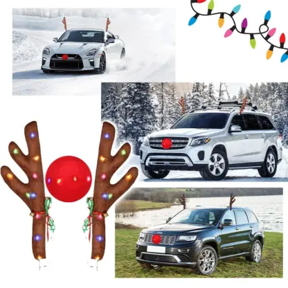 SantaRide™ Božićni komplet za ukrašavanje automobila s motivom kišnog jelena i svjetlima