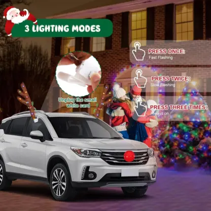 SantaRide™ Božićni komplet za ukrašavanje automobila s motivom kišnog jelena i svjetlima